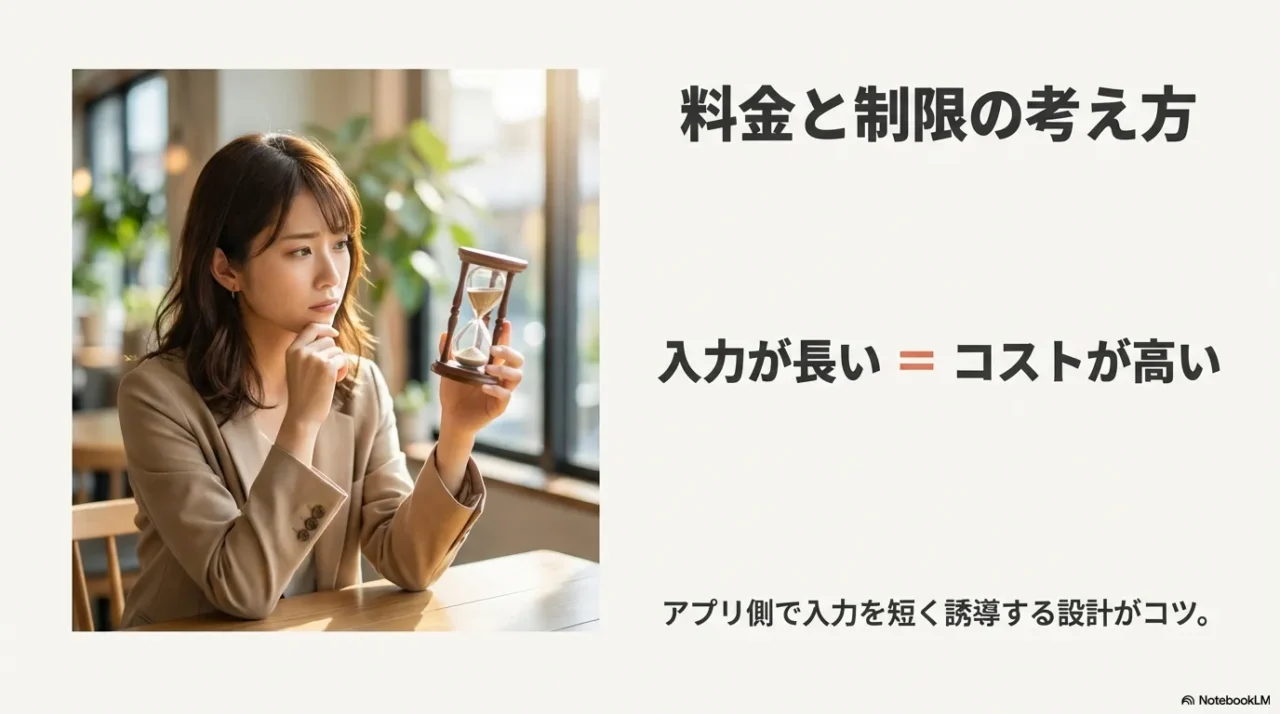 入力が長いほどコストが上がるためアプリ側で短く誘導するというスライド