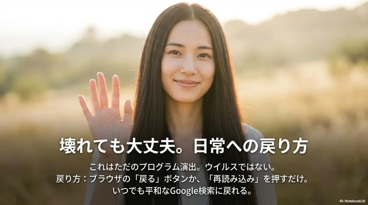 崩れた画面は戻る・再読み込み・タブを閉じるで元に戻せると示すスライド