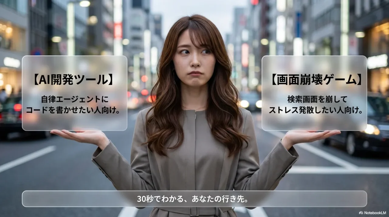 AI開発ツールか画面崩壊ゲームか、目的で分岐させる比較スライド