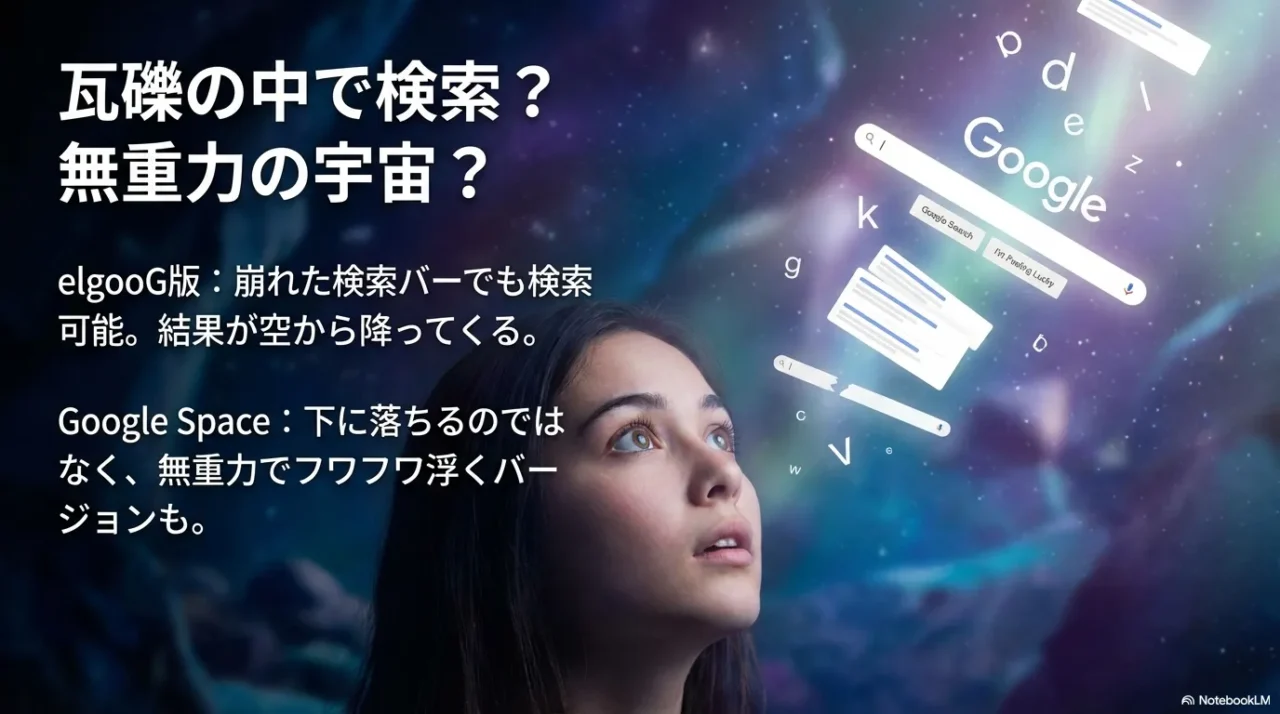 瓦礫状態での検索（elgooG版）と無重力版（Google Space）のイメージスライド