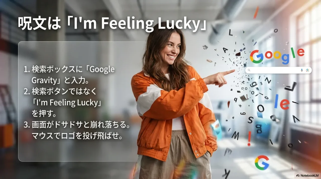 Google Gravityを「I'm Feeling Lucky」で起動する手順を示すスライド