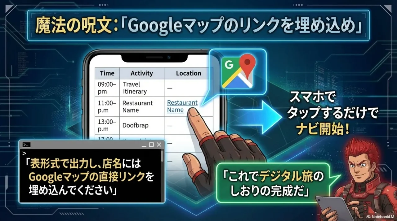 旅程を表形式で出し、店名にGoogleマップリンクを埋め込むとスマホでタップしてナビできることを示す画像