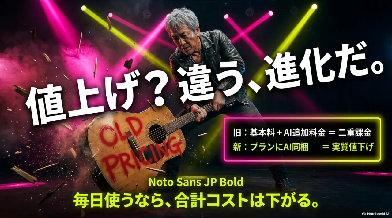 旧体系のアドオン課金と新体系のバンドルで、AI前提だと総額が下がる仕組み