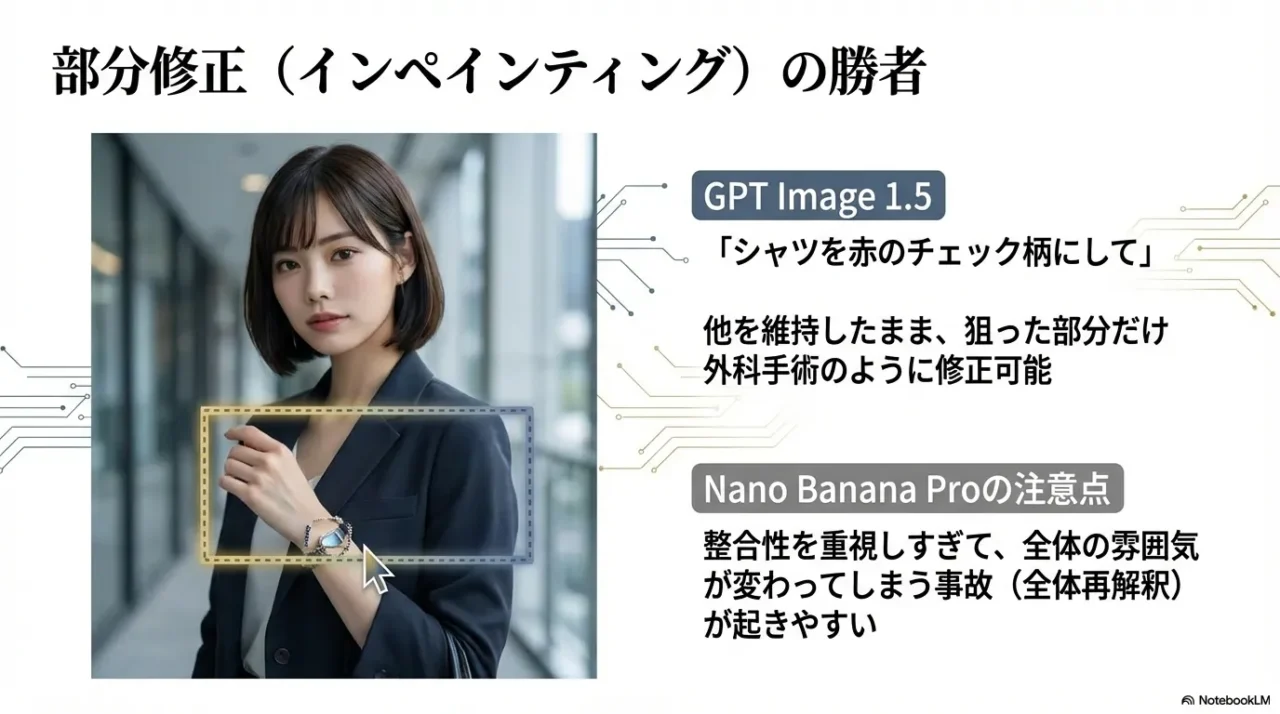GPTは狙った部分だけを外科手術のように修正しやすい一方、Nanoは全体の再解釈で雰囲気が変わる注意点がある比較