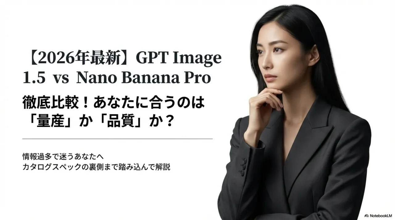 GPT Image 1.5とNano Banana Proを比較し、量産か品質かの判断軸を示す表紙スライド