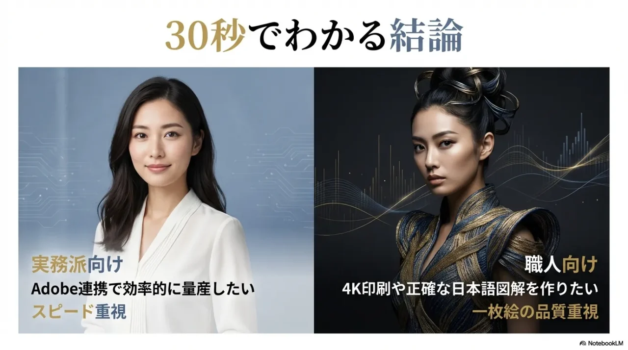 GPTはAdobe連携で量産とスピード重視、Nanoは4K印刷や日本語図解など一枚絵の品質重視という結論の比較図