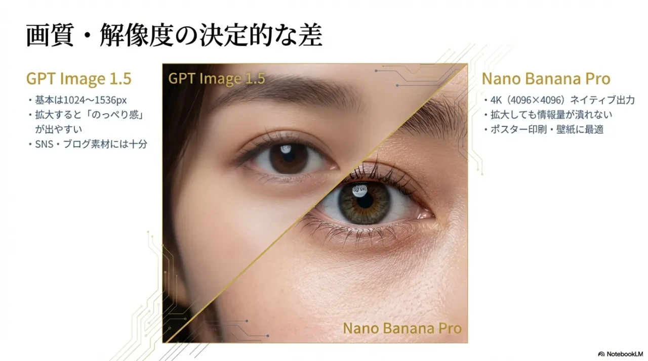 GPTは主に1024〜1536px中心で拡大すると滑らかさが目立つ一方、Nanoは4Kネイティブで拡大しても情報量が保たれやすい比較