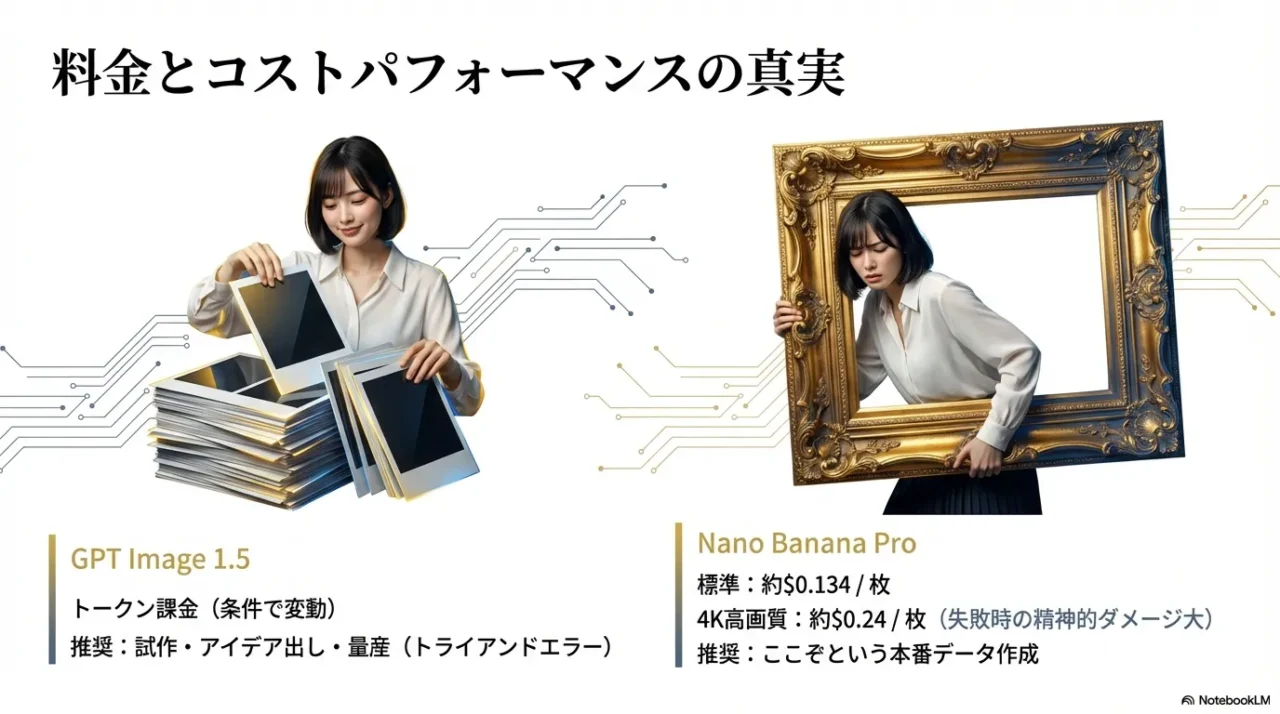 GPTはトークン課金で条件により変動し試作と量産に向き、Nanoは解像度別単価で4Kは高コストになりやすいという比較