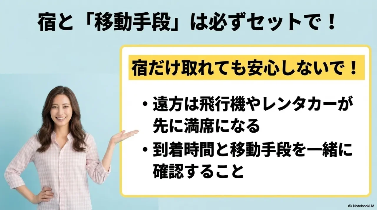 ゴールデンウィークの遠方旅行では宿だけでなく、飛行機やレンタカーなど移動手段も必ずセットで確認すべきと伝える画像