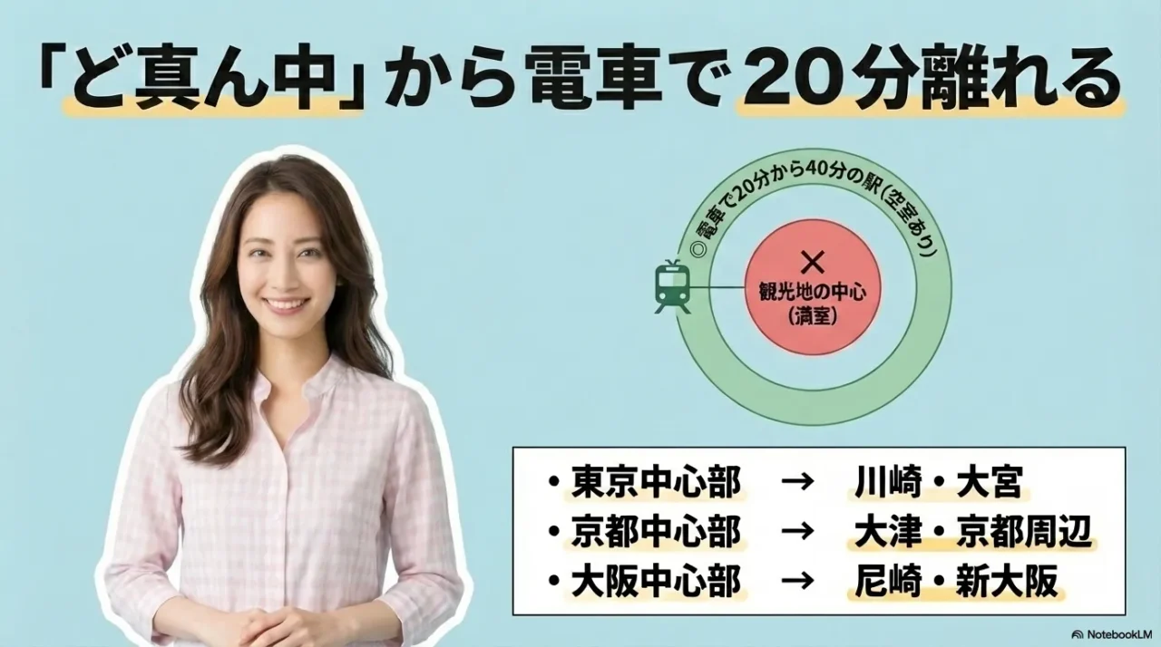 人気観光地の中心から電車で20分から40分ほど離れた周辺駅まで広げるとホテルを見つけやすいと示す画像