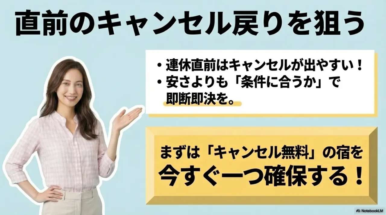 ゴールデンウィーク直前のキャンセル戻りを狙いながら、まずはキャンセル無料の宿を一つ確保するべきと示す画像