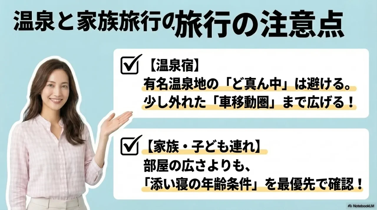 ゴールデンウィークの温泉宿は中心地を外し、家族旅行では添い寝条件などを優先確認すべきと示す画像