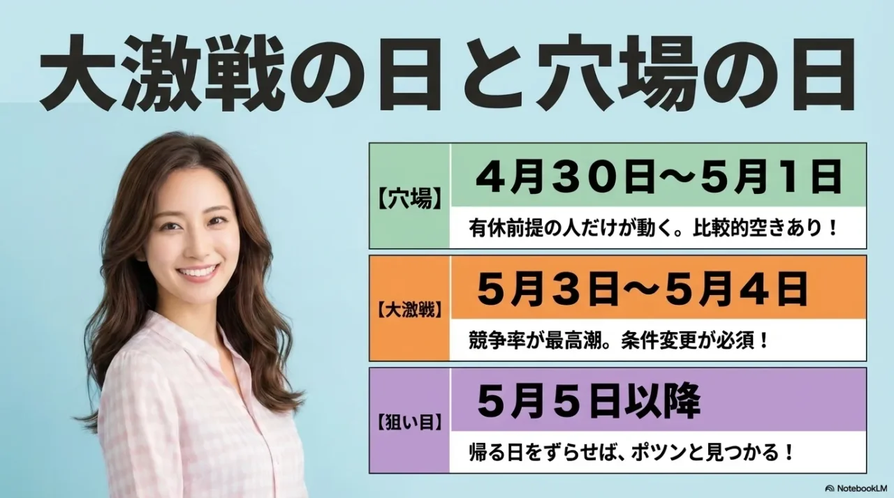 ゴールデンウィークの大激戦の日と穴場の日を比較し、4月30日から5月1日や5月5日以降が狙い目と示す画像