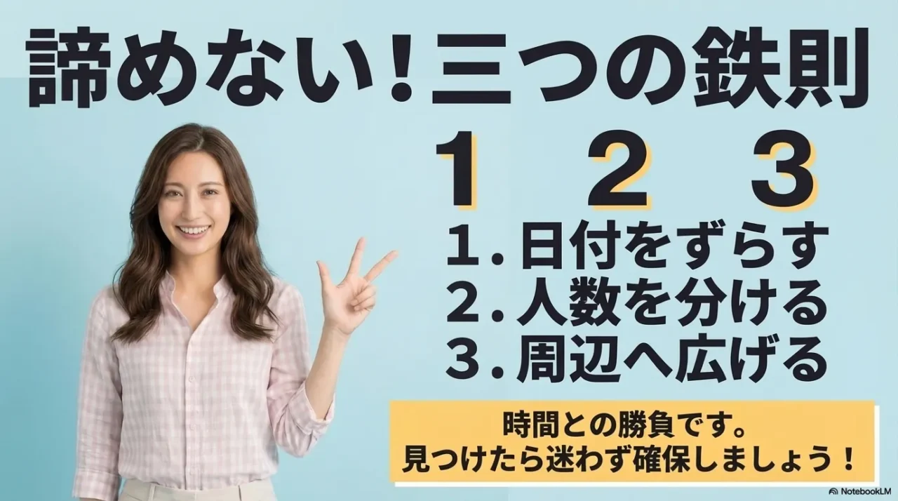 ゴールデンウィークのホテル探しは日付をずらす、人数を分ける、周辺へ広げるの三つが鉄則だとまとめた画像