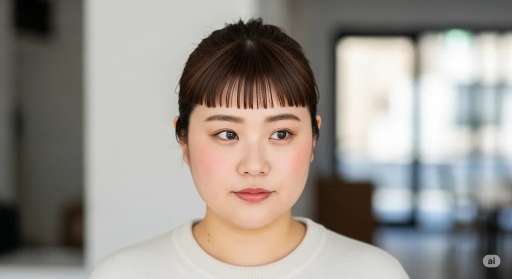 丸顔を強調するような髪型の女性。