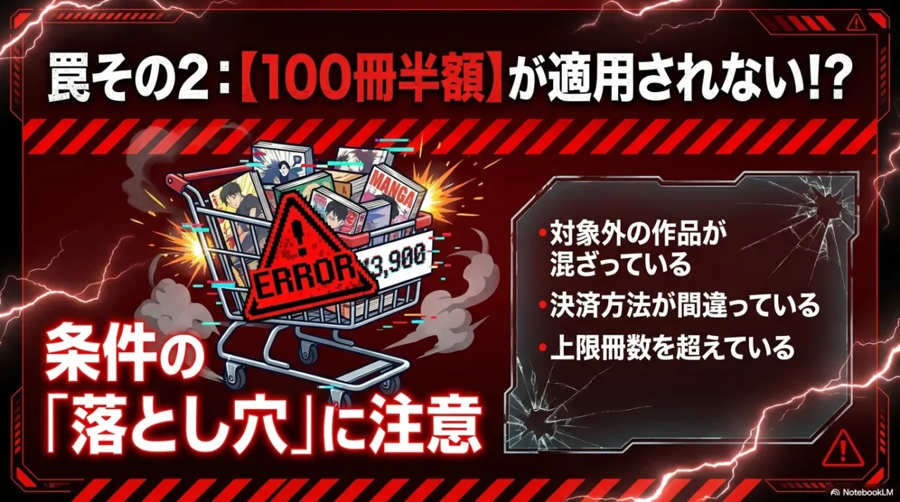 100冊半額クーポンが適用されない原因となる対象外作品や決済ミスの解説