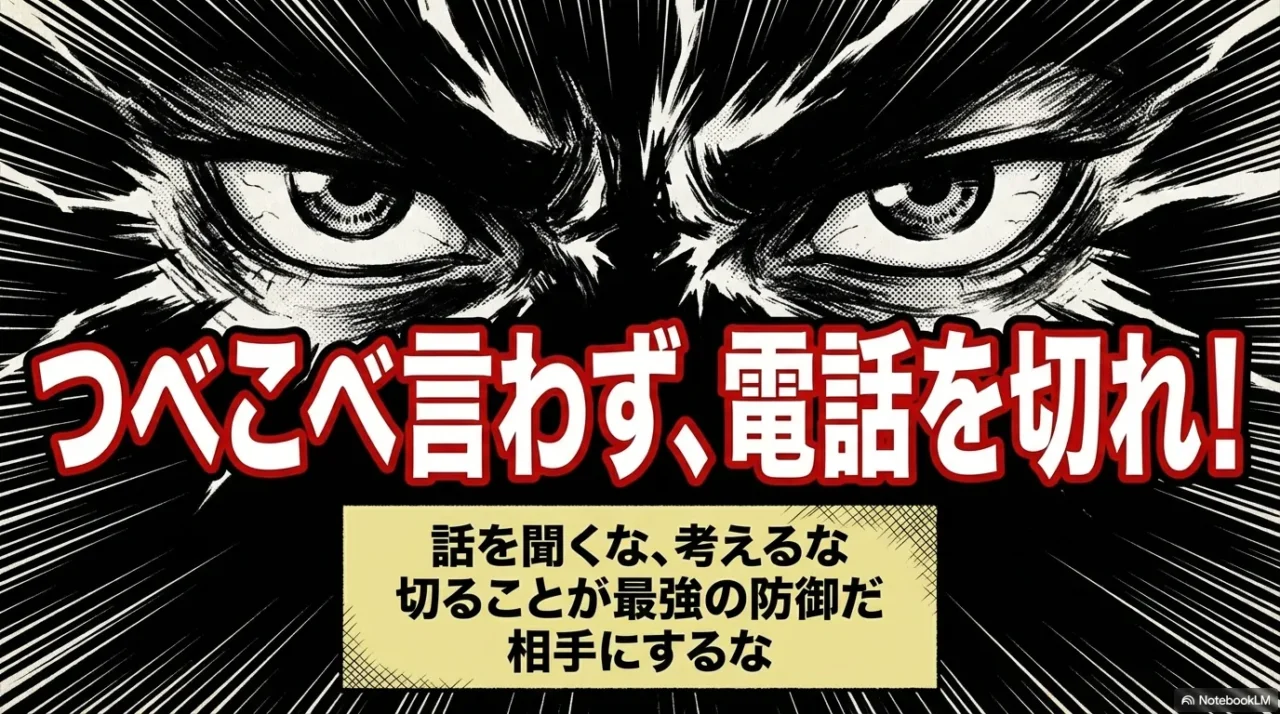 警察からの電話でも不審なら話を聞かずに即座に電話を切るイラスト