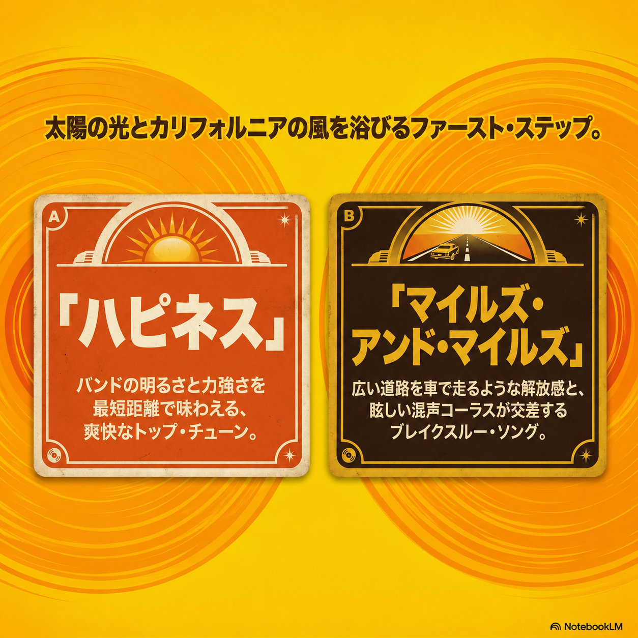 レトロ調デザインの2枚のカード比較画像。左Aは赤色で「ハピネス」爽快なトップチューンを紹介、右Bは黒金色で「マイルズ・アンド・マイルズ」解放感あるブレイクスルーソングを紹介。上部に「太陽の光とカリフォルニアの風を浴びるファースト・ステップ」の文字。