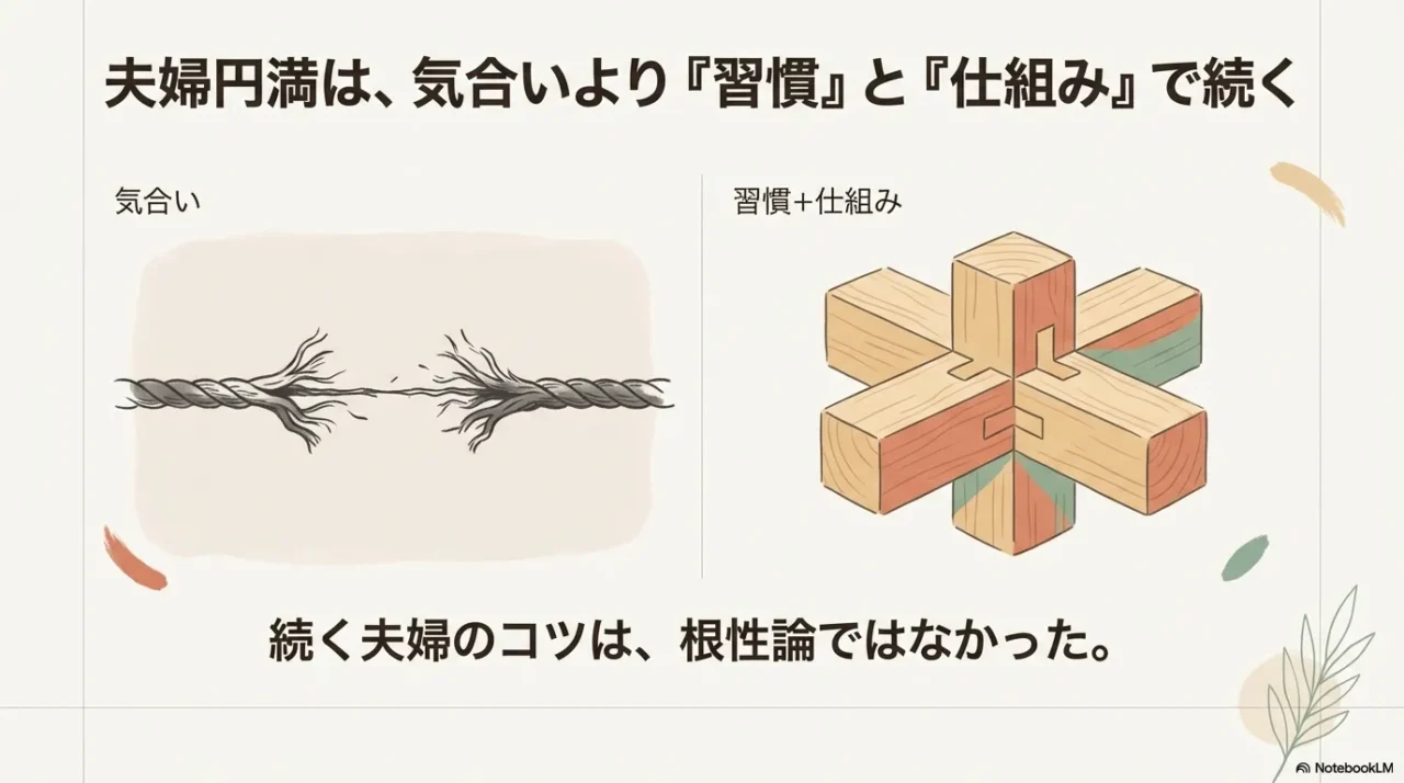 気合いではなく習慣と仕組みで夫婦関係が続くことを対比で示したスライド