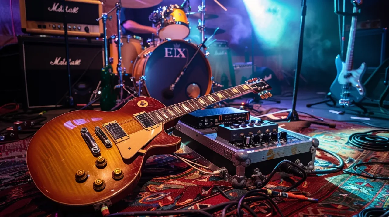 ライブステージ上のラグの上に置かれたサンバーストのレスポールギターとペダルボード、背後にドラムセットとベースアンプが見える機材のクローズアップ写真