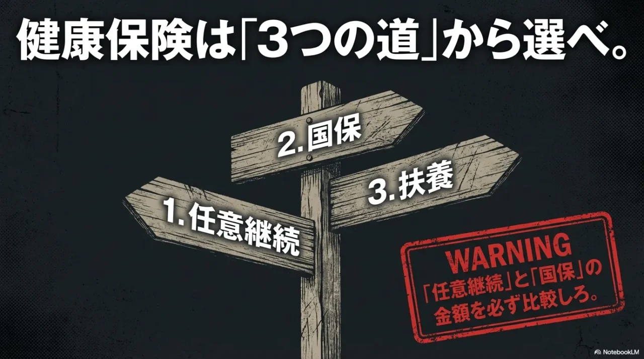 健康保険の選択肢「任意継続・国保・扶養」の3択を示す画像