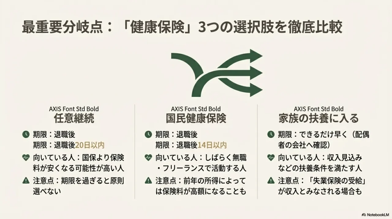 健康保険の任意継続、国民健康保険、家族の扶養の3択について、それぞれの期限と向いている人を比較。