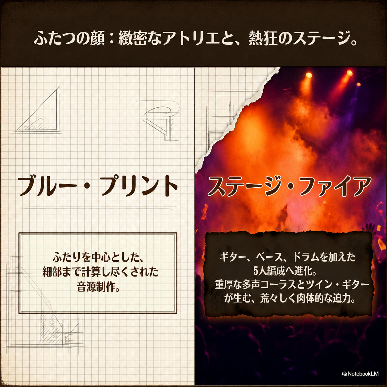 左右対比インフォグラフィック。左は方眼紙背景で「ブルー・プリント」ふたりを中心とした緻密な音源制作。右は炎のステージ背景で「ステージ・ファイア」ギター・ベース・ドラムを加えた5人編成の迫力ある演奏。バンドの二つの顔を表現。