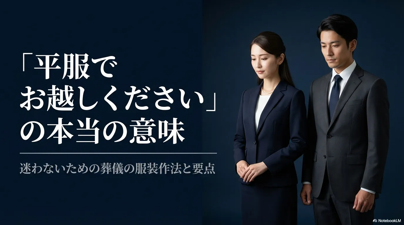 平服でお越しくださいと案内された葬儀での服装イメージ。落ち着いたダークスーツ姿の男女