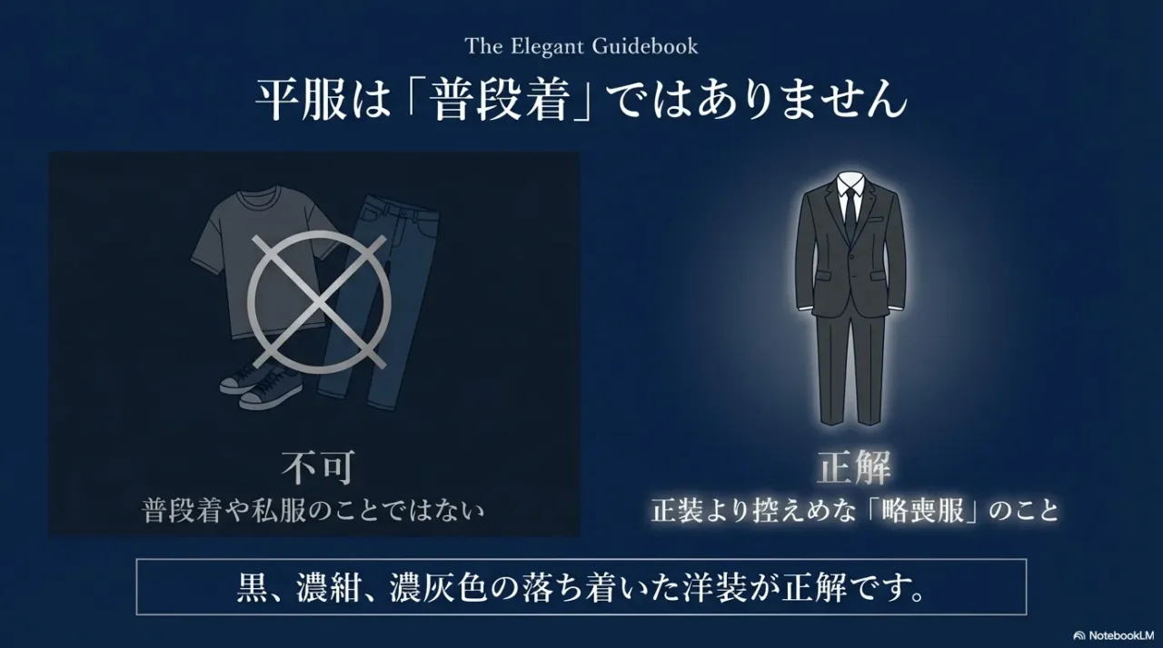 葬儀の平服は普段着ではなく略喪服であることを示す比較画像