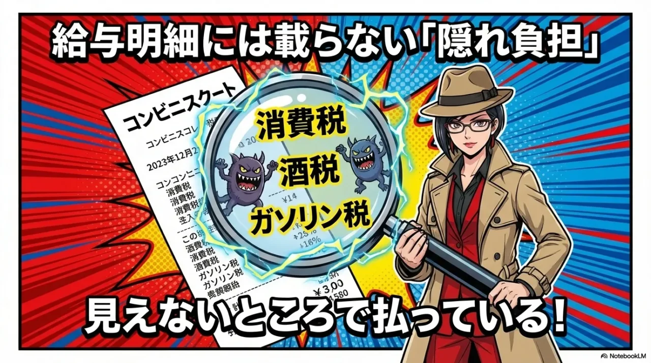 コンビニやガソリンスタンドでのレシートを例に、消費税、酒税、ガソリン税など見えないところで払っている税金を示すイラスト