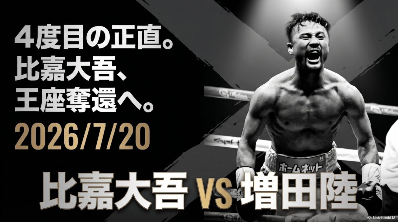 比嘉大吾がリングで雄叫びを上げる姿と、増田陸との4度目の世界王座挑戦を告知する横長画像