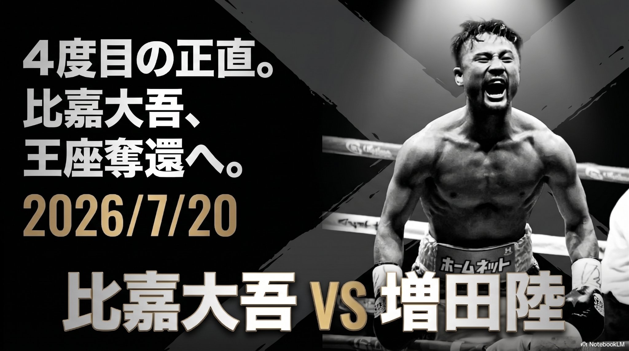 比嘉大吾がリングで雄叫びを上げる姿と、増田陸との4度目の世界王座挑戦を告知する横長画像