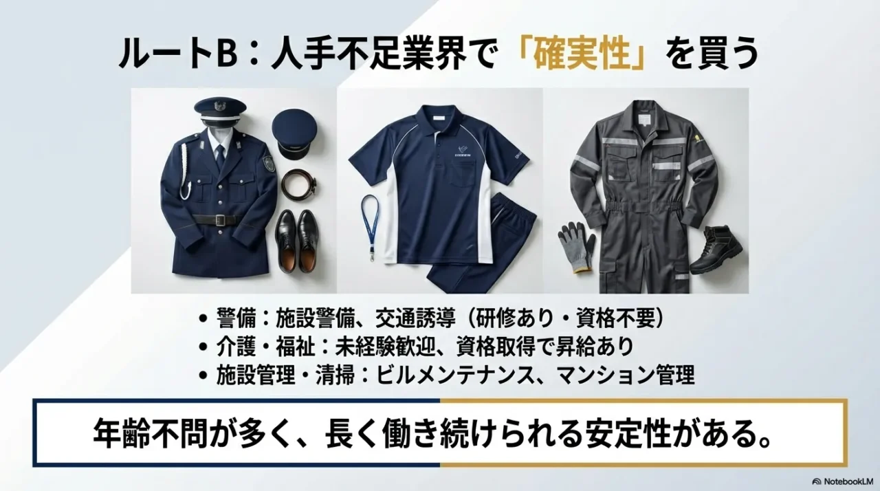 警備員の制服やポロシャツの画像。警備、介護、施設管理など、年齢不問で安定して働ける職種を紹介するスライド。