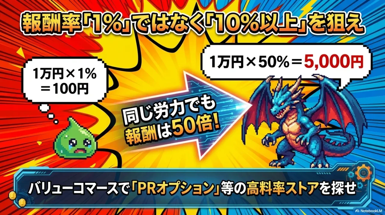 同じ1万円の商品でも報酬が100円から5,000円まで変動する収益性の違い