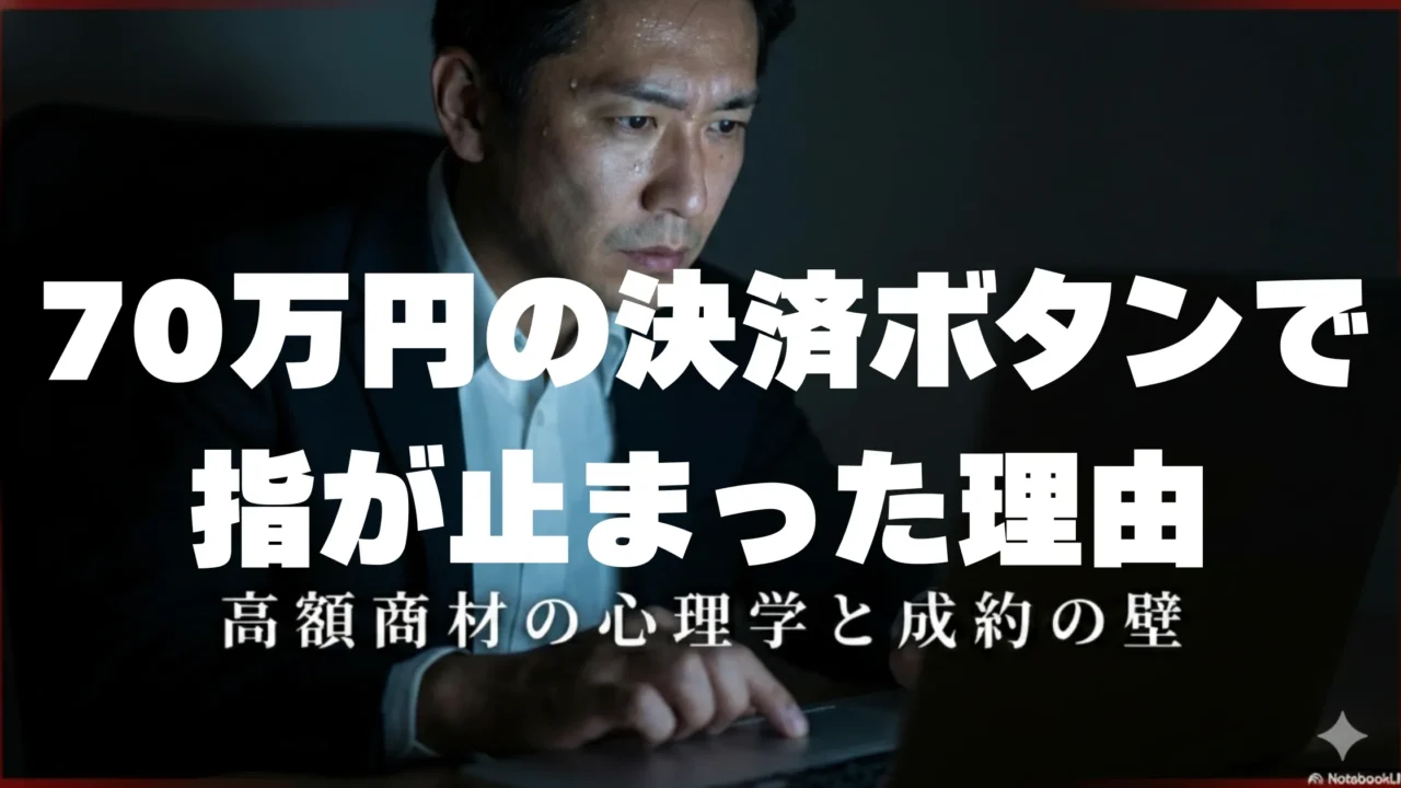 高額商材の決済画面を前に指が止まる40代男性のイメージ