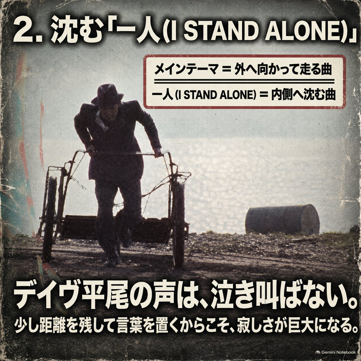 リヤカーを引く人物の後ろ姿を背景に、『一人（I STAND ALONE）』の孤独と内向きの感情を解説する画像