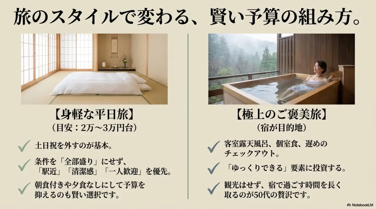 身軽な平日旅と高級ご褒美旅の違いを比較した画像