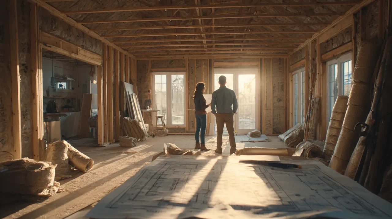 新築中の住宅で、設計図を確認しながら防音室の計画を検討する男女の様子。