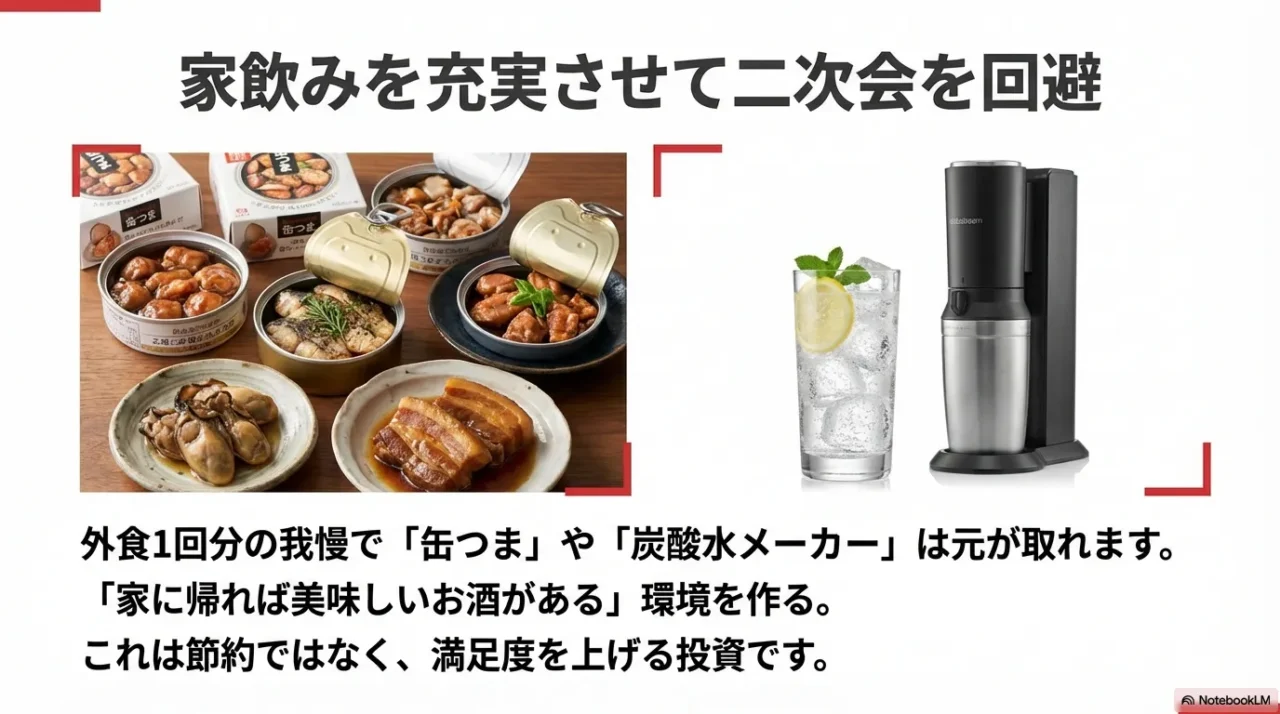 家飲み環境を作り外飲みの二次会を避けるイメージ