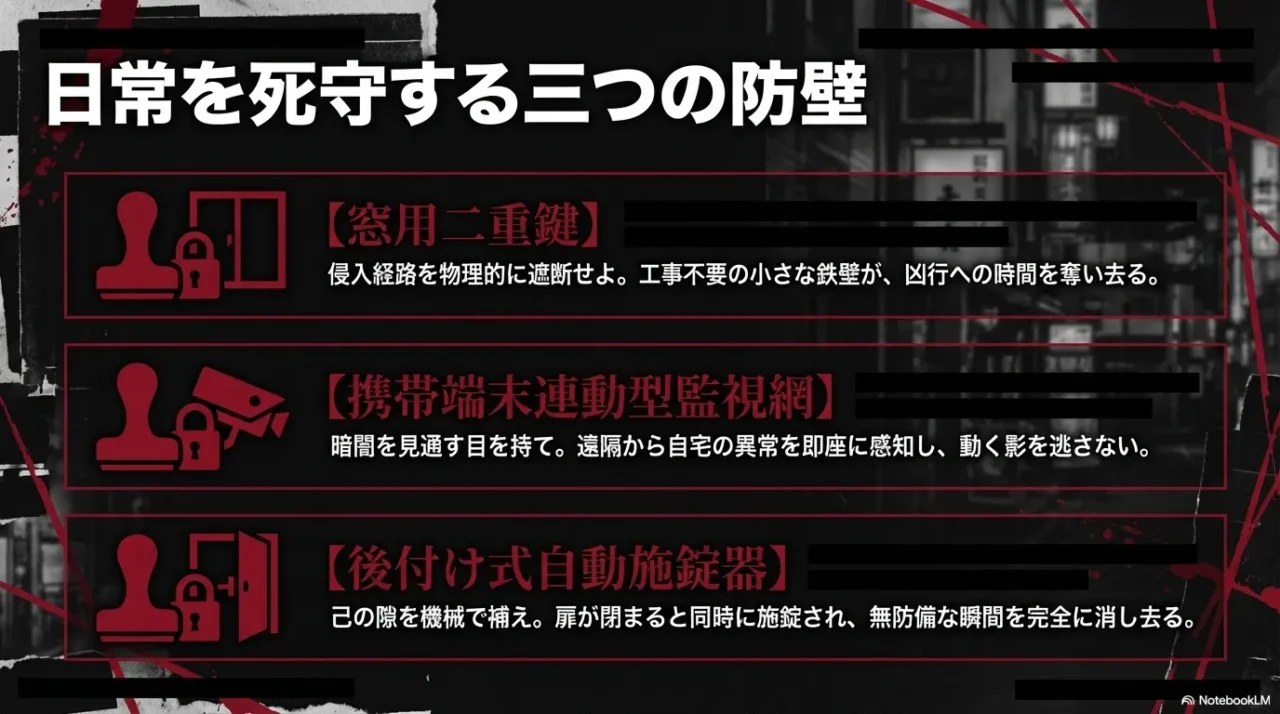窓の補助錠、見守りカメラ、後付けスマートロックの三つの防犯対策をまとめた画像