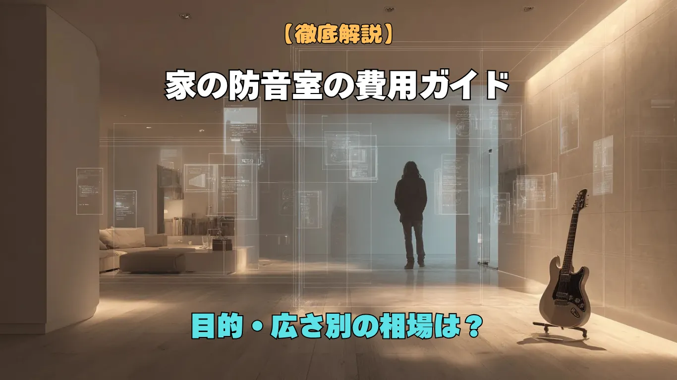 広い室内にロック風の雰囲気で、防音室のコスト情報がホログラムのように表示され、中央に人物が立ち、右側にギターが置かれているアイキャッチ画像。