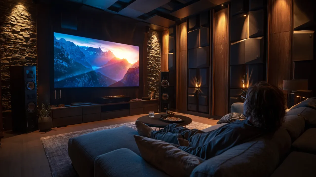 ホームシアターで映画を楽しむ人物が、大型スクリーンと高級スピーカーに囲まれた贅沢な部屋でくつろいでいる様子の画像