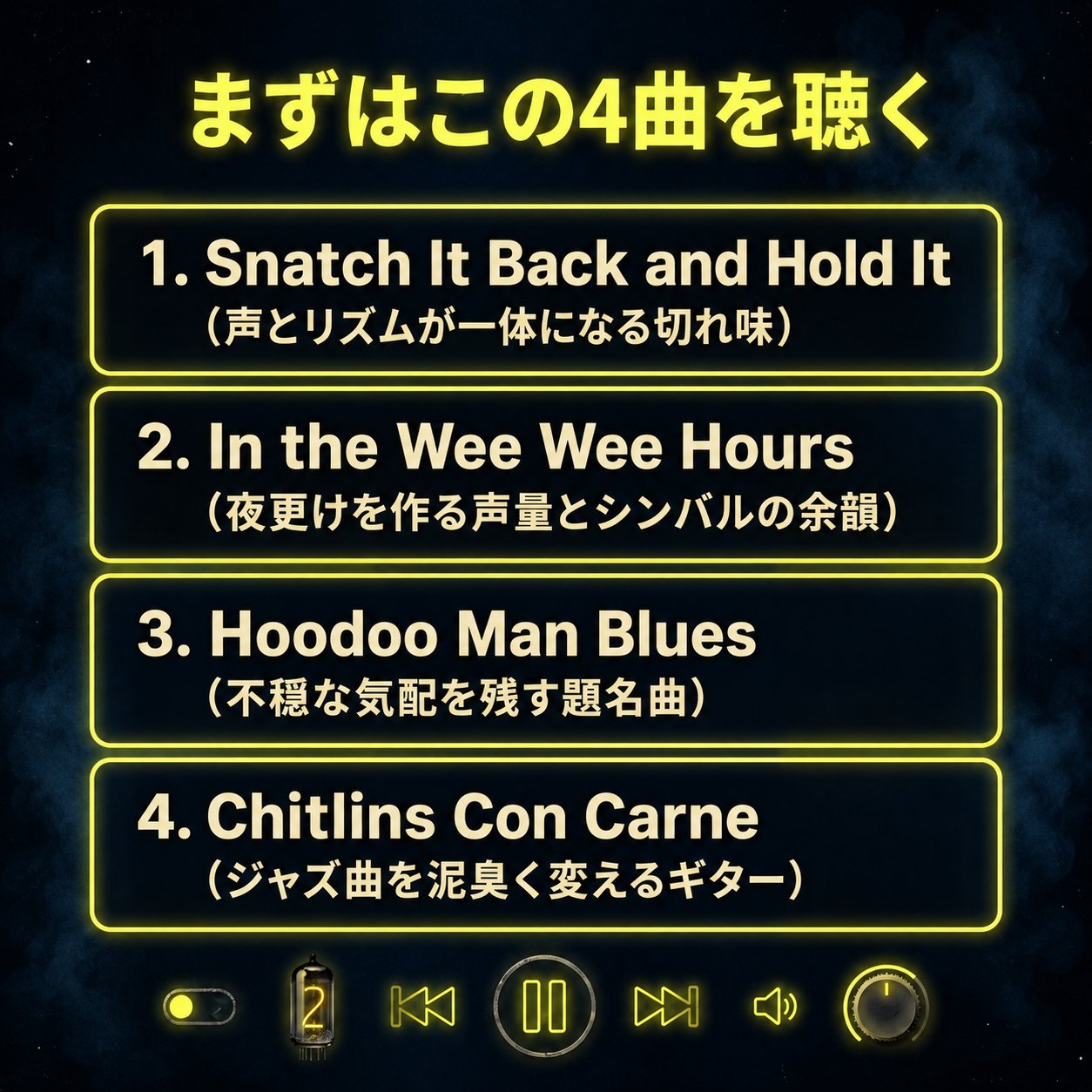 フードゥー・マン・ブルースの入門曲4曲と、各曲で注目したい声、リズム、余韻、ギターの特徴を並べた画像。