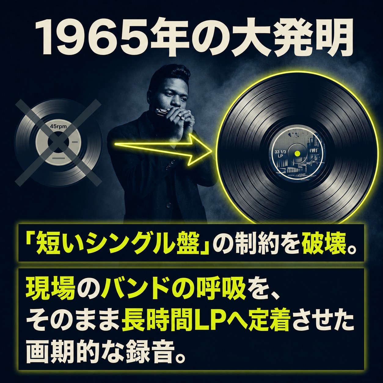 1965年の録音で、短い45回転シングル盤から大きな長時間LPへバンドの呼吸を定着させた革新を示す画像。