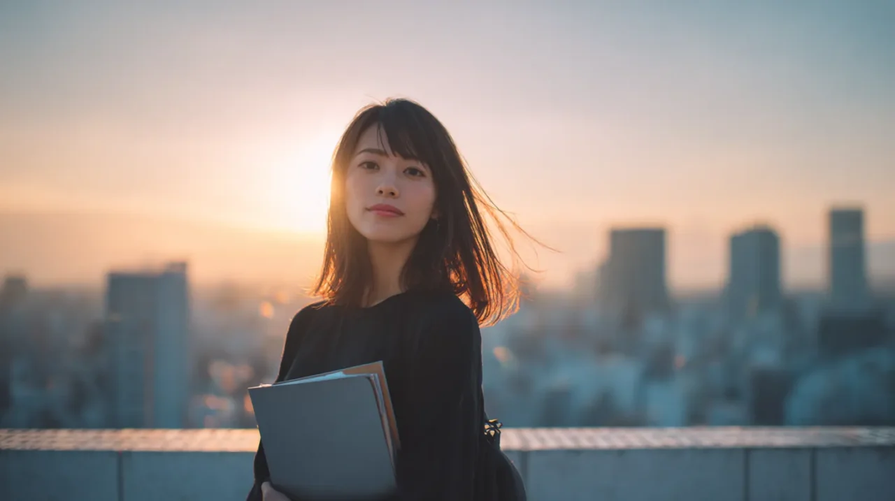 夜明けの都市を背景に書類を抱え、穏やかな表情で前を見つめるワンレンの日本人女性のイメージ