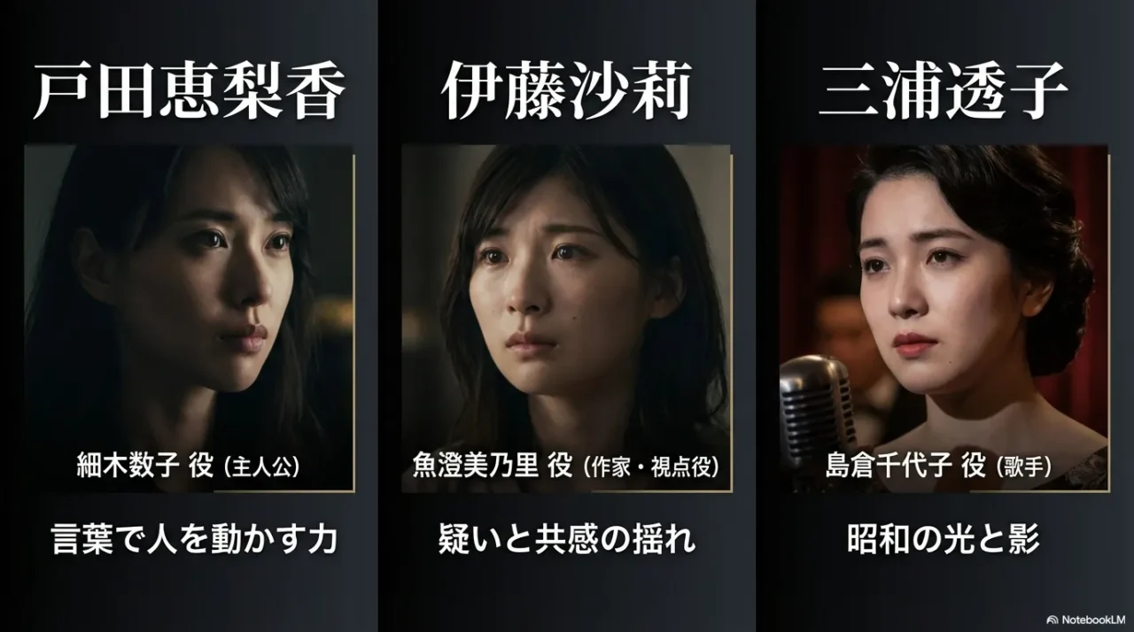 戸田恵梨香伊藤沙莉三浦透子の主要キャスト3人をまとめたスライド