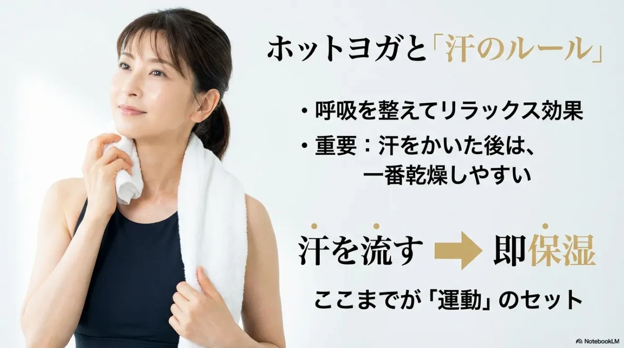 ホットヨガのリラックス効果と、汗をかいた後の「流す・即保湿」という肌ケアの重要性について。
