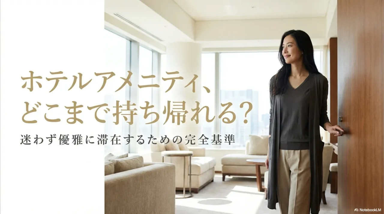 高級ホテルの客室で長い黒髪の女性が立つ様子を写した、ホテルアメニティの持ち帰りルールを解説する導入画像