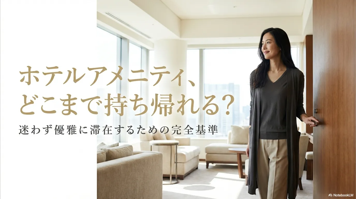 高級ホテルの客室で長い黒髪の女性が立つ様子を写した、ホテルアメニティの持ち帰りルールを解説する導入画像