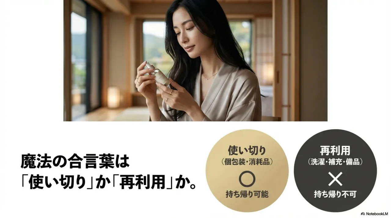 個包装や消耗品は持ち帰り可能で、洗濯や補充して再利用する備品は持ち帰り不可という基準を示す画像